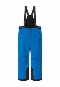 Pantalons de neige bleus avec des bretelles noires ajustables. Comprend des poches latérales zippées et des accents noirs au niveau des chevilles. Matériau synthétique lisse.