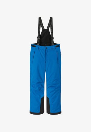 Modré sněhule s nastavitelnými černými kšandy. Obsahují zipové postranní kapsy a černé detaily na kotnících. Hladký syntetický materiál.