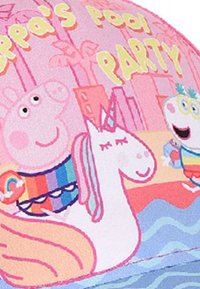 Peppa Pig and friends celebrating at a pool party, with a unicorn float and colorful cityscape in the background.