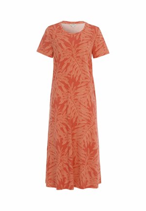 Oranje midi-jurk met korte mouwen en een ronde halslijn, met een lichte bladprint over de hele jurk.