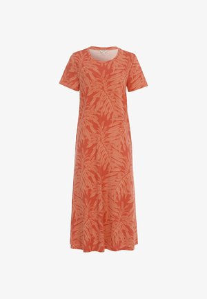 Orangenes Midikleid mit kurzen Ärmeln und Rundhalsausschnitt, mit einem durchgehenden hellen Blattmuster.