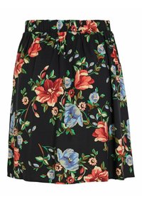 Jupe fleurie avec un fond noir, ornée de fleurs rouges, bleues et vertes. Taille élastique, longueur genou, fabriquée en tissu doux.
