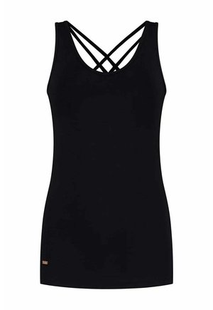 Débardeur noir au design ajusté, avec des bretelles croisées à l'arrière et un petit logo de marque sur l'ourlet inférieur. Texture lisse.