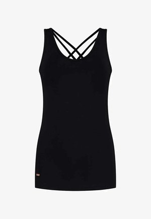 Débardeur noir au design ajusté, avec des bretelles croisées à l'arrière et un petit logo de marque sur l'ourlet inférieur. Texture lisse.