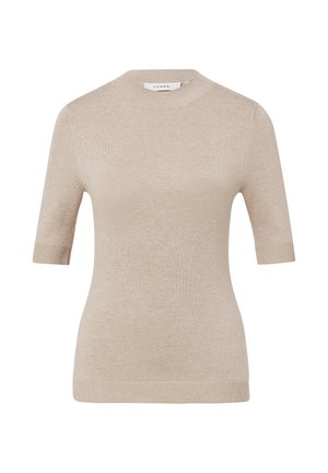 Beżowy sweter z krótkim rękawem i okrągłym dekoltem. Gładka tekstura, ribbowe wykończenia rękawów i dolnej krawędzi. Minimalistyczny design, bez wzorów i ozdób.