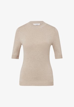 Beiger, kurzärmeliger Pullover mit rundem Ausschnitt. Glatte Textur, gerippte Kanten an Ärmeln und Saum. Minimalistisches Design, keine Muster oder Verzierungen.