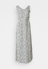 Maxi-jurk met een V-halslijn en mouwloos ontwerp. Gemaakt van lichte stof met een witte achtergrond en een blauw luipaardpatroon.