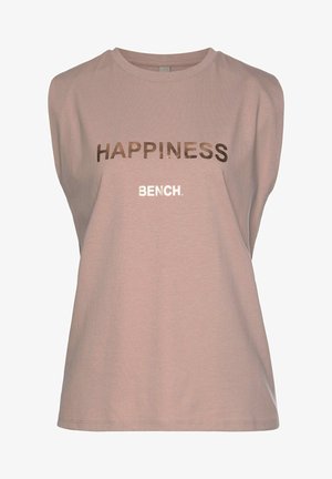 Haut sans manches marron clair avec texte métallique "HAPPINESS" au-dessus d'un plus petit "BENCH." imprimé au centre devant.