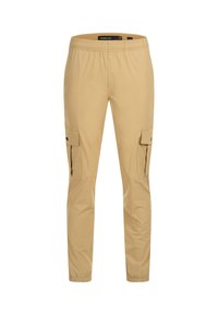 Pantalones cargo beige hechos de una tela ligera, con cintura elástica, dos bolsillos laterales y diseño de pierna entallada. Textura suave.
