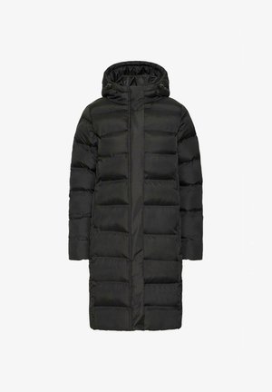 Manteau puffer noir long avec capuche, présentant un design matelassé, une coupe droite et une fermeture éclair à l'avant. Texture lisse, sans motifs visibles.