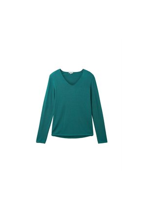 T-shirt manches longues bleu sarcelle avec col en V, design simple et ajusté, sur fond blanc.