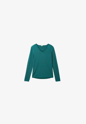 T-shirt manches longues bleu sarcelle avec col en V, design simple et ajusté, sur fond blanc.