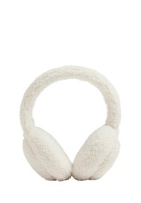 Vita fleece-täckta öronmuffar med en plyschliknande textur, rund form och ett mjukt vadderat huvudband, utformade för värme och komfort.