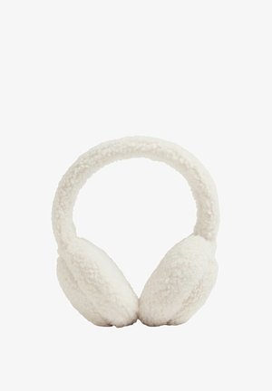 White fleece-covered ear muffs with a plush texture, rounded shape, and a soft padded headband, designed for warmth and comfort.