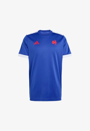 Blauw sportshirt van ademende stof, met rode accenten, drie strepen op de schouders en een haan-embleem op de borst.
