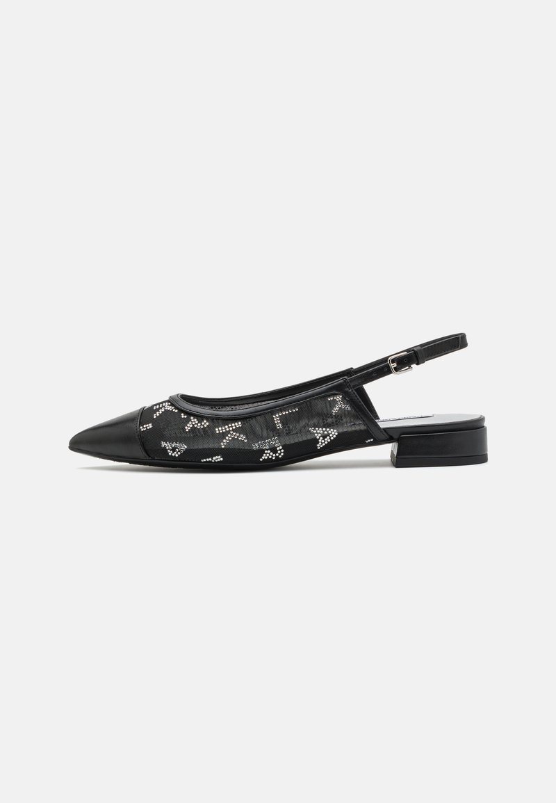 Black slingback flats with a pointed toe, featuring mesh panels adorned with silver rhinestones and a low block heel.