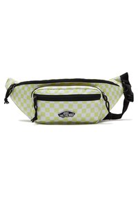 Sac banane à motif damier vert et blanc avec des accents de fermeture éclair noirs et une branding. Fabriqué en tissu durable avec une sangle réglable.
