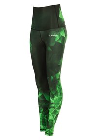 Hochgeschnittene Leggings in Dunkelgrün mit geometrischem Muster, das verschiedene Grüntöne aufweist. Hergestellt aus dehnbarem, strukturiertem Stoff.
