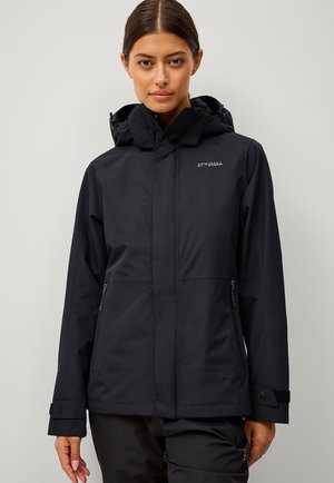 Veste noire imperméable avec capuche. Comprend des poches zippées et des poignets ajustables. Fabriquée en tissu lisse et durable avec un détail de logo.