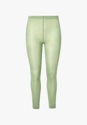 Hellgrüne, nahtlose, hoch taillierte Leggings in voller Länge mit sichtbarer Frontnaht, vor weißem Hintergrund präsentiert.