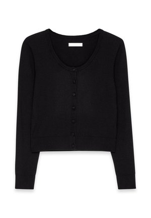 Black cropped cardigan made of soft, textured fabric. Features a round neckline, long sleeves, and a button-down front.