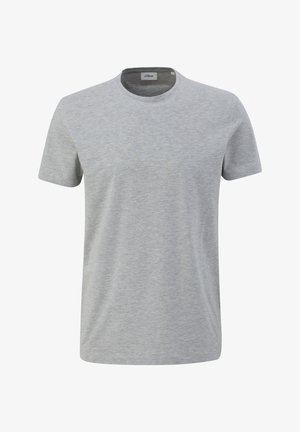 Graues Baumwoll-T-Shirt mit rundem Halsausschnitt, kurzen Ärmeln und weicher Textur. Das Etikett im Nackenbereich zeigt den Markennamen an.