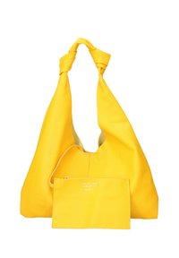 Gele leren tas met een zachte textuur, een geknoopte handgreep en een afneembaar tasje met ritssluiting en geperst logo.