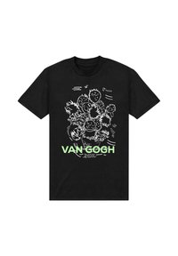 Černé bavlněné tričko s bílým liniovým uměním obličejů, nápisem "VAN GOGH" světle zelenou barvou a pod ním bílý text s podrobnostmi.