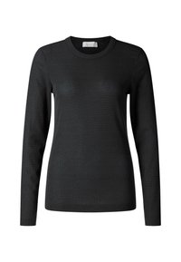 Schwarzes langärmliges Oberteil mit gerippter Textur und rundem Ausschnitt. Schlichtes Design ohne zusätzliche Muster oder Hardware-Details.
