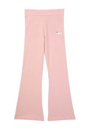 Pantalon de sport évasé rose clair avec taille élastique et petit logo FILA blanc et rouge sur la partie supérieure de la cuisse gauche.