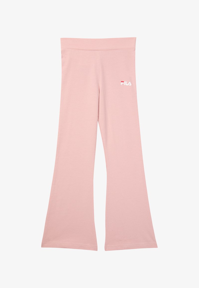 Pantalones deportivos acampanados de color rosa claro con cintura elástica y pequeño logo FILA blanco y rojo en la parte superior del muslo izquierdo.