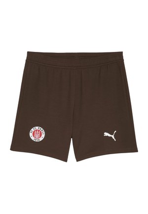 Shorts de sport marron en tissu doux avec une taille élastique, un logo circulaire à gauche et un logo Puma blanc à droite.