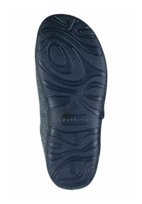 Black rubber shoe sole with textured patterns and grooves for traction. Features a raised logo and size marking.