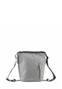 Borsa a spalla in tessuto grigio con zip superiore, tracolla regolabile e tasca con zip frontale. Presenta una texture liscia e un design minimalista.