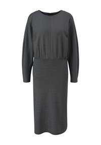 Robe grise à manches longues avec un col arrondi, taille élastiquée et texture lisse, présentant une silhouette simple et droite.