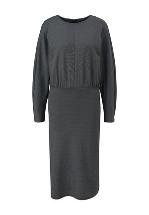 Grijs langsliefd jurk met een ronde hals, elastische taille en een gladde textuur, met een eenvoudige, rechte uitstraling.