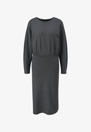 Grijs langsliefd jurk met een ronde hals, elastische taille en een gladde textuur, met een eenvoudige, rechte uitstraling.