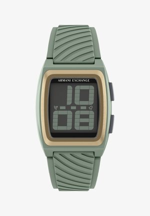 Digital Armani Exchange armbåndsur med grøn silikonerem, firkantet urkrans i gyldent look og sort segmenteret LCD, der viser tiden 10:08.