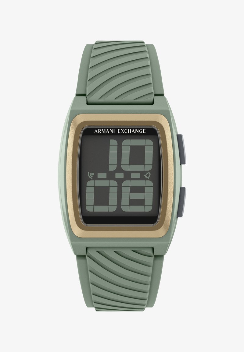 Montre-bracelet numérique Armani Exchange avec bracelet en silicone vert, lunette carrée dorée, et écran LCD segmenté noir affichant l'heure 10:08.