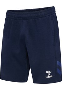 Marineblaue Sportshorts mit elastischem Bund, seitlichen Taschen und weißem Hummel-Logo am unteren linken Bein mit Chevron-Design auf der rechten Seite.