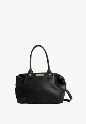 Black leather handbag with dual handles, a removable strap, and gold-tone hardware. Features a textured horizontal accent on the front.