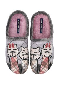 Zapatillas de casa grises y rosas con diseños de gatos de cuadros, que presentan ojos cerrados y lazos rojos en dos gatos, interior forrado de suave tela rosa.