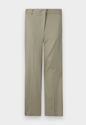 Pantalon vert olive clair, coupe ajustée, avec une taille plate, deux poches latérales et un tissu lisse et texturé. Pas de motifs ni d'accents visibles.