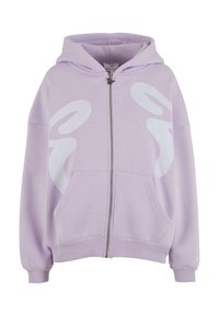 Sweat à capuche zippé violet clair avec des formes abstraites blanches à l'avant, poches frontales, poignets côtelés et capuche.