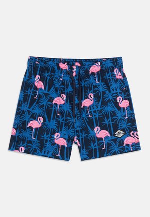 Costume da bagno blu navy con vita elasticizzata e coulisse, decorato con motivo di fenicotteri rosa e palme blu.