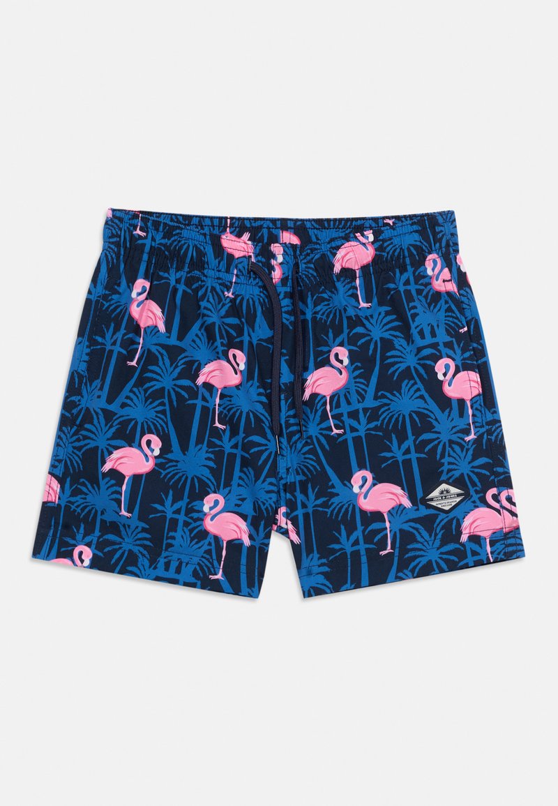 Granatowe szorty kąpielowe z elastycznym paskiem i sznurkiem, zdobione wzorem różowych flamingów i niebieskich palm.