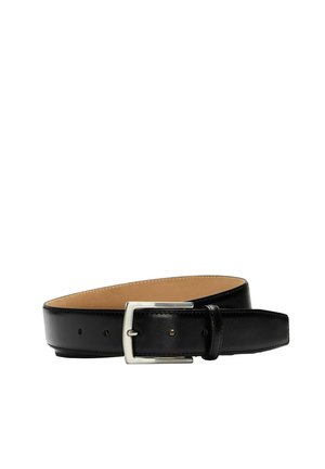 Black leather belt with silver rectangular buckle, visible stitched edges, and multiple adjustment holes on beige inner lining.