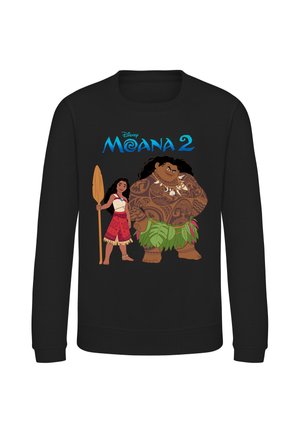 Felpa nera con stampa colorata di Moana che tiene una pagaia e Maui con tatuaggi e gonna di foglie verdi, il testo recita "Disney Moana 2."