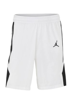 Weiße Sportshorts mit schwarzen Seitenpaneelen und einem schwarzen Jumpman-Logo auf dem vorderen rechten Bein.