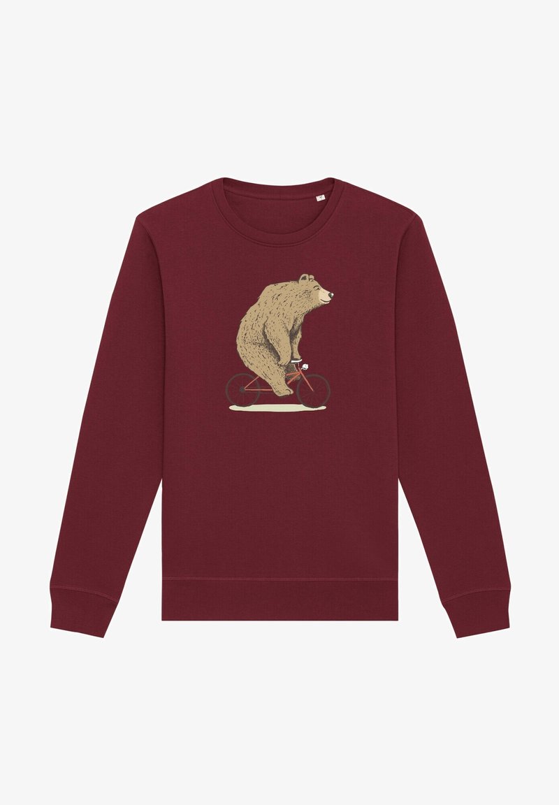 Sweat-shirt bordeaux avec un motif représentant un grand ours brun à vélo rouge au centre de la poitrine.